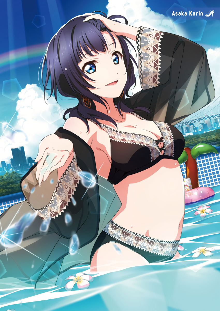 2c=galore :d absurdres asaka_karin bikini black_bikini black_hair blue_eyes blue_hair blue_sky breasts character_name cloud cloudy_sky cowboy_shot day earrings female flower highres jewelry love_live! love_live!_nijigasaki_high_school_idol_club medium_breasts medium_hair navel official_art open_mouth outdoors playing_with_hair playing_with_own_hair pool sky smile solo stomach swept_bangs swimsuit third-party_source water