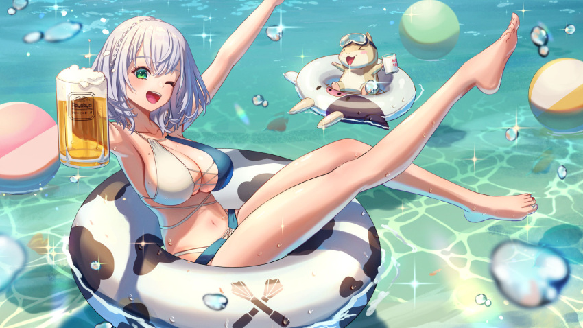 bare_shoulders beer_mug bikini blue_bikini breasts cleavage closed_mouth cup dan'in-san_(shirogane_noel) female green_eyes grey_hair highres holding holding_cup hololive innertube large_breasts leg_up looking_at_viewer mug navel open_mouth sakumichi shirogane_noel short_hair smile swim_ring swimsuit two-tone_bikini virtual_youtuber water white_bikini