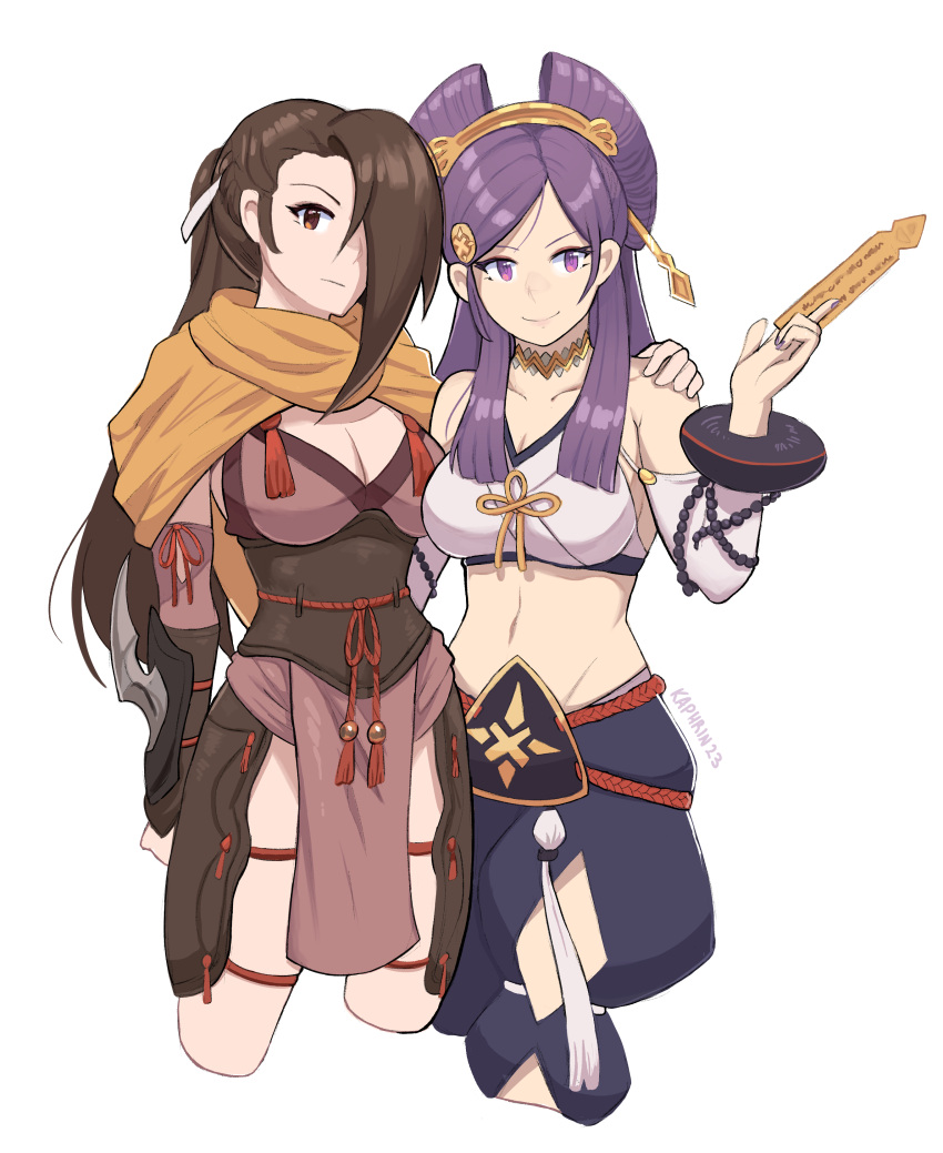 2girls absurdres arm_over_shoulder bare_shoulders breasts brown_eyes brown_hair cleavage comb english_commentary fire_emblem fire_emblem_fates hair_bun hair_ornament hair_over_one_eye hair_stick highres japanese_clothes jewelry kagero_(fire_emblem) kaphrin large_breasts long_hair looking_at_viewer midriff multiple_girls ninja orochi_(fire_emblem) ponytail purple_eyes purple_hair scarf smile yellow_scarf