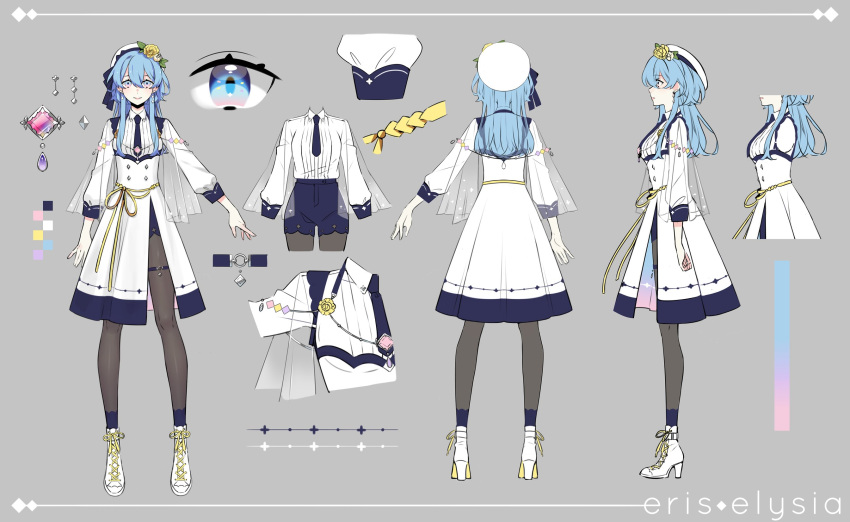 atelier_live blue_eyes blue_hair blue_necktie blue_shorts character_name collared_shirt english_commentary eris_elysia eris_elysia_(artist) female gradient_eyes hair_behind_ear high_heels highres long_hair multicolored_eyes multiple_views necktie pantyhose pink_eyes reference_sheet shirt short_necktie shorts skirt smile thigh_strap virtual_youtuber white_footwear white_shirt white_skirt