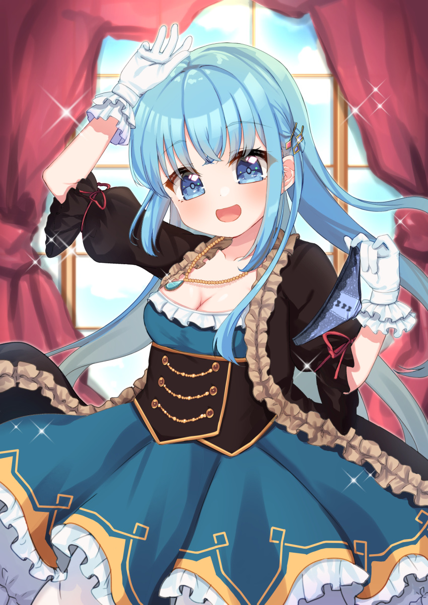 :d arm_up black_jacket blue_dress blue_eyes blue_hair blue_panties blurry blurry_background blush bow bow_panties breasts cleavage commentary curtains depth_of_field dress female frilled_dress frilled_gloves frilled_jacket frills glint gloves hair_ornament hairclip hand_up head_tilt highres holding holding_clothes holding_panties holding_underwear indoors jacket lace-trimmed_panties lace_trim long_hair looking_at_viewer medium_breasts mist_train_girls open_clothes open_jacket open_mouth pancras_(mist_train_girls) panties pleated_dress puffy_short_sleeves puffy_sleeves short_sleeves smile solo standing suzu_(minagi) underwear unworn_panties very_long_hair white_gloves window