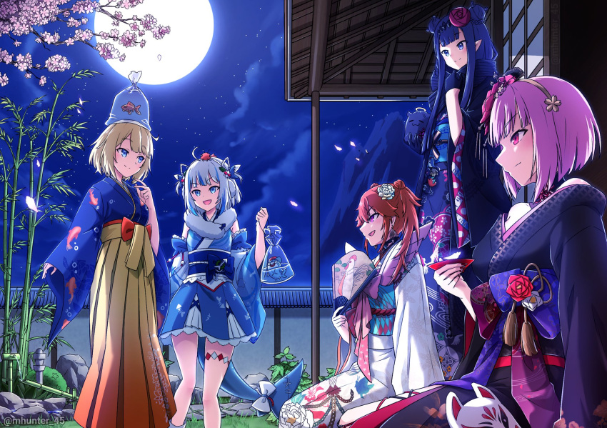 5girls bag bagged_fish bamboo bare_shoulders black_kimono blonde_hair blue_eyes blue_kimono closed_mouth cup fins fish fish_tail flower full_moon gawr_gura gawr_gura_(new_year) grey_hair hair_flower hair_ornament hand_fan highres holding holding_cup holding_fan hololive hololive_english holomyth japanese_clothes kimono long_hair mhunter_45 moon mori_calliope mori_calliope_(new_year) multiple_girls night night_sky ninomae_ina'nis ninomae_ina'nis_(new_year) open_mouth orange_eyes orange_hair outdoors pink_eyes pink_hair purple_eyes purple_hair shark_girl shark_tail short_hair sky smile tail takanashi_kiara takanashi_kiara_(new_year) virtual_youtuber watson_amelia watson_amelia_(new_year) white_flower white_kimono