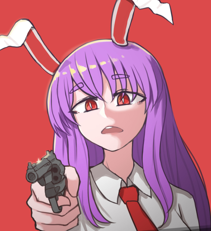 absurdres animal_ears collared_shirt commentary dirty_harry english_commentary female gun handgun highres light_purple_hair long_hair mata_(matasoup) necktie open_mouth parody purple_hair rabbit_ears red_background red_eyes red_necktie reisen_udongein_inaba revolver shirt simple_background solo touhou weapon white_shirt