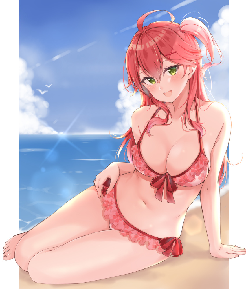 ahoge bare_arms bare_legs bare_shoulders barefoot beach bikini blue_sky blush breasts cherry_blossom_print cleavage cloud collarbone commentary_request day female floral_print green_eyes groin hair_ornament hairclip halterneck highres hololive jiino large_breasts long_hair looking_at_viewer navel ocean official_alternate_costume one_side_up open_mouth outdoors pink_bikini pink_hair sakura_miko sakura_miko_(hololive_summer_2019) sitting sky smile solo string_bikini sunlight swimsuit toes virtual_youtuber x_hair_ornament yokozuwari