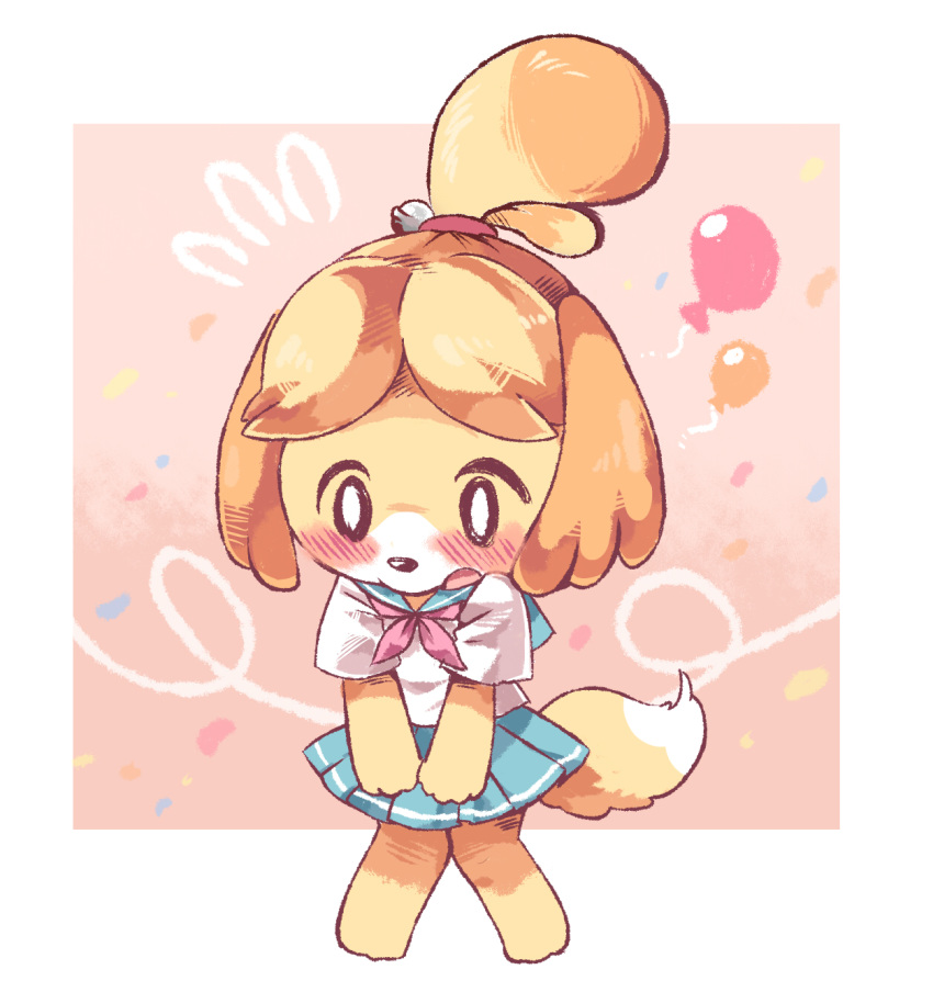 animal_crossing animal_ears animal_nose balloon blonde_hair blue_skirt blush body_fur commentary_request dog_ears dog_girl dog_tail embarrassed female full_body furry furry_female highres hnzk_aroma isabelle_(animal_crossing) knees_together_feet_apart medium_hair pleated_skirt school_uniform simple_background skirt solo standing tail topknot white_background white_fur yellow_fur