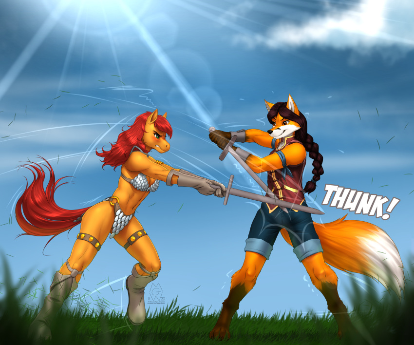 2020 5_fingers 6:5 absurd_res anthro armor bikini bikini_armor boots braided_hair braided_ponytail breasts brown_hair canid canine chainmail chainmail_bikini circlet clothed clothing digital_media_(artwork) dipstick_tail duo equid equine female fight fingers footwear fox gloves grass green_eyes hair handwear hi_res horse ineffective_armour lens_flare mammal markings melee_weapon midriff motion_lines multicolored_tail mykegreywolf navel onomatopoeia plant pony ponytail red_hair red_shetland shetland_pony smile sound_effects swimwear sword tail tail_markings text unconvincing_armor weapon