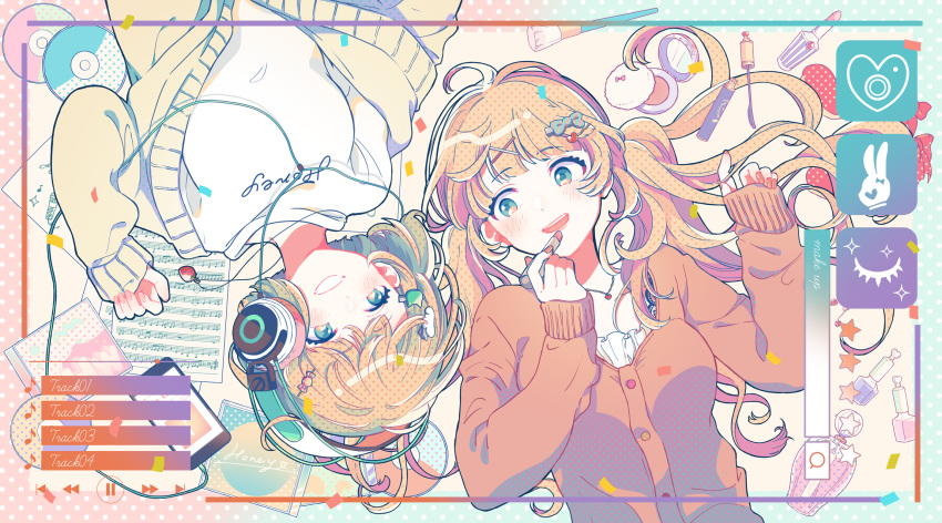 2girls ahoge applying_makeup aqua_eyes blonde_hair blue_eyes blunt_bangs blush border bottle breasts buttons candy_hair_ornament cardigan cat_hair_ornament cd cd_case clothes_writing commentary_request compact_(cosmetics) confetti cosmetics eighth_note fingernails food-themed_hair_ornament food-themed_ornament framed frills grin hair_ornament hair_spread_out hairclip headphones heart heart_hair_ornament heart_necklace highres holding holding_lipstick_tube honeyworks icon_(computing) jewelry kokuhaku_jikkou_iinkai lipgloss lipstick_tube long_hair long_sleeves looking_at_another lying makeup_brush media_player_interface medium_breasts messy_hair mikkun_04 multiple_girls musical_note nail_polish narumi_mona narumi_sena necklace on_back open_cardigan open_clothes open_mouth orange_cardigan perfume_bottle polka_dot polka_dot_background rotational_symmetry sheet_music shirt short_hair siblings sisters sleeves_past_wrists smile star_(sky) strawberry_necklace t-shirt twintails upper_body upside-down user_interface white_shirt x_hair_ornament yellow_cardigan