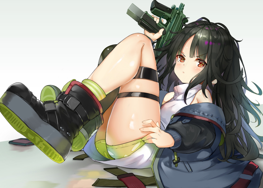 >:( :t absurdres bad_id bad_pixiv_id black_hair black_thighhighs boots c-ms_(girls'_frontline) cbj-ms dress female frown girls'_frontline grey_jacket gun highres holding holding_weapon hukahire0120 jacket legs legs_up long_hair long_sleeves looking_at_viewer messy_hair mole mole_under_eye off_shoulder open_clothes open_jacket parted_bangs red_eyes short_dress short_shorts shorts single_thighhigh sitting sleeveless solo submachine_gun thigh_strap thighhighs v-shaped_eyebrows very_long_hair weapon white_dress