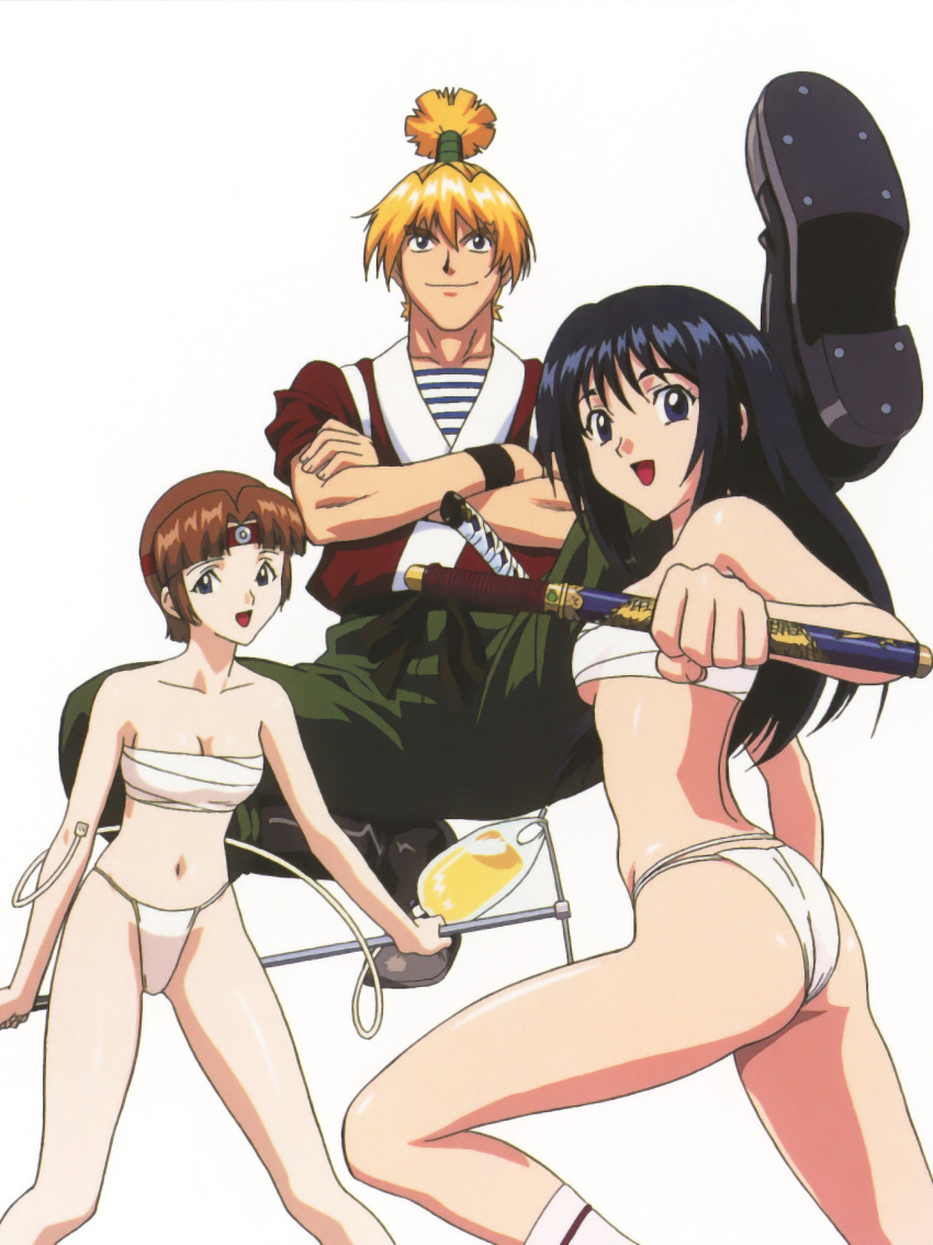 1boy 2girls absurdres aoi_natsu ass bandages bare_shoulders black_hair blonde_hair blue_eyes boots breasts brown_hair cleavage collarbone cossack_dance fundoshi galan_(honoo_no_labyrinth) hair_ornament headband highres holding holding_sword holding_weapon honoo_no_labyrinth intravenous_drip japanese_clothes jewelry kasumi_(honoo_no_labyrinth) long_hair looking_at_viewer medium_breasts multiple_girls navel official_art open_mouth panties pants sarashi shirt short_hair smile standing sword thighs underwear weapon white_background white_panties yamauchi_noriyasu