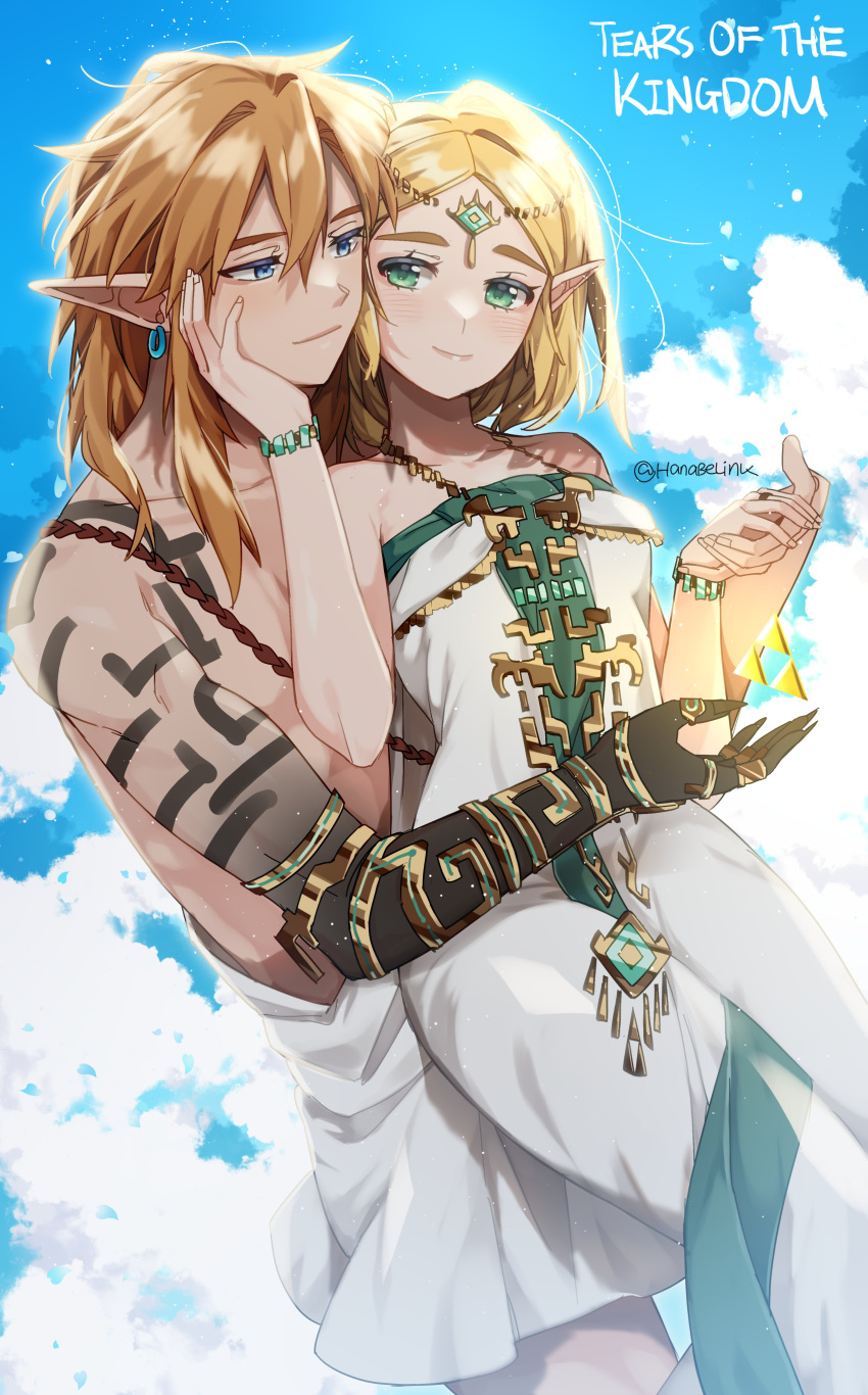 1boy absurdres alternate_costume archaic_set_(zelda) blonde_hair blue_eyes breasts dress earrings female green_eyes hair_ornament hanaberin highres hug hug_from_behind jewelry link long_hair official_alternate_costume parted_bangs pointy_ears princess_zelda short_hair sidelocks straight the_legend_of_zelda the_legend_of_zelda:_tears_of_the_kingdom thick_eyebrows thighs