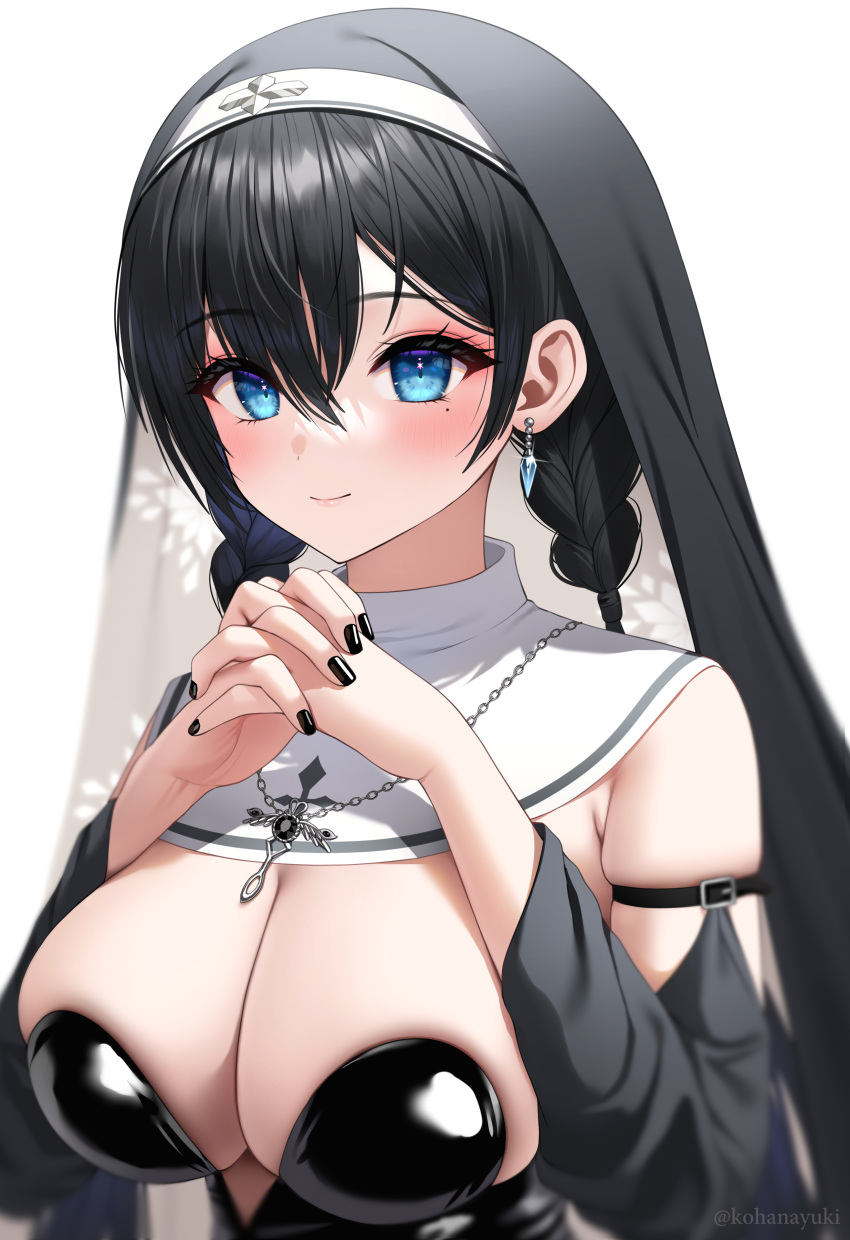 absurdres bangs black_hair black_headwear black_nails blue_eyes blush braid breasts cleavage closed_mouth cross cross_necklace detached_sleeves earrings eyebrows_visible_through_hair female hair_between_eyes highres jewelry kohanayuki large_breasts long_hair long_sleeves looking_at_viewer mole mole_under_eye nail_polish necklace nun original own_hands_together simple_background smile solo twin_braids twitter_username upper_body veil white_background