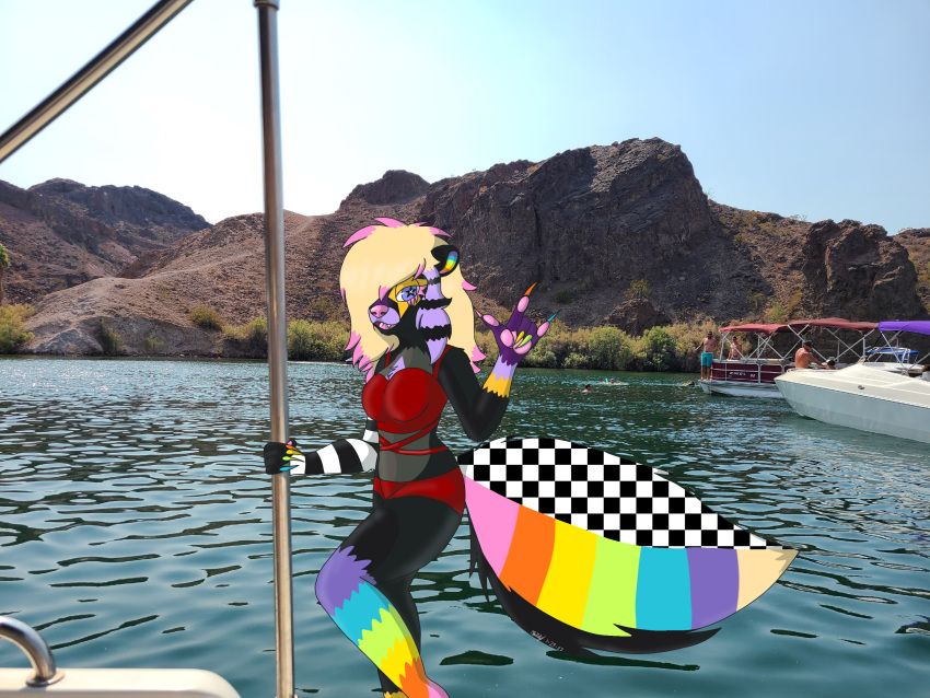 4:3 alternative_fashion anthro arizona boat canid cheesesnake clothing coontail_hair female havasu hi_res human lake mammal mephitid photo_background photography_(artwork) scene_(fashion) scene_haircut skunk solo sparklefur swimwear vehicle watercraft