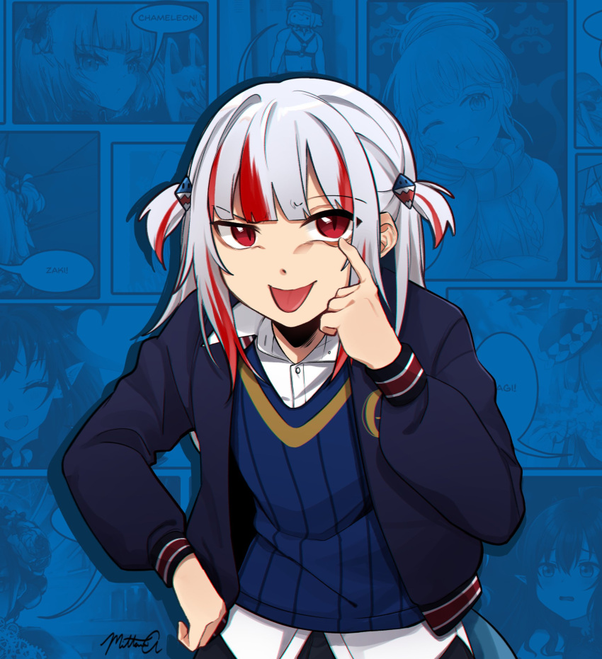 :p akanbe alternate_costume blue_background blue_jacket blue_theme blue_vest blunt_bangs bullworth_academy_school_uniform bully_(game) commentary dress_shirt english_commentary eyelid_pull female gawr_gura grey_hair hair_ornament hand_on_own_hip highres hololive hololive_english jacket leaning_forward looking_at_viewer medium_hair mittsu multicolored_hair open_clothes open_jacket red_eyes red_hair reflect_(gawr_gura) school_uniform shark_hair_ornament shirt slit_pupils streaked_hair tongue tongue_out two_side_up vest virtual_youtuber white_shirt wing_collar