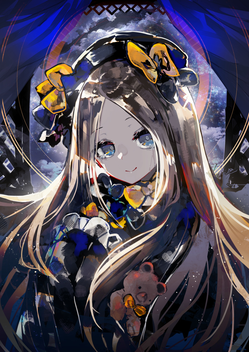 abigail_williams_(fate) absurdres black_bow black_dress black_hat blonde_hair blue_eyes bow breasts commentary_request dress fate/grand_order fate_(series) female forehead hairbow hat highres kusakanmuri long_hair long_sleeves looking_at_viewer multiple_hair_bows orange_bow parted_bangs partial_commentary polka_dot polka_dot_bow ribbed_dress sleeves_past_fingers sleeves_past_wrists small_breasts smile solo stuffed_animal stuffed_toy teddy_bear