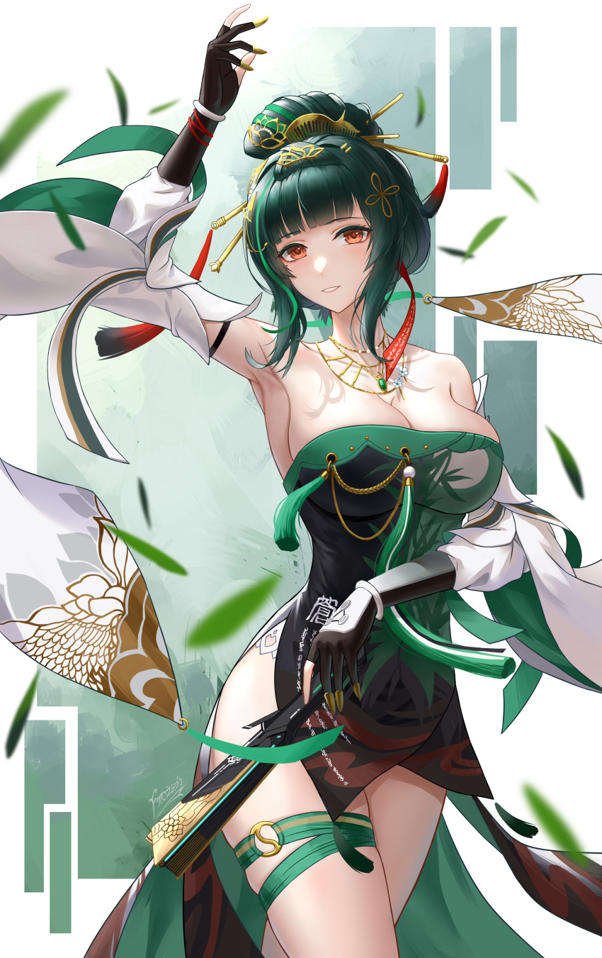 absurdres arm_up armpits black_gloves breasts chinese_clothes chinese_commentary cleavage commentary detached_sleeves dress female folded_fan folding_fan frozen-sad gem gloves green_eyes green_gemstone green_hair hair_bun hair_ornament hair_stick hand_fan hanying:_zitherwoe_(punishing:_gray_raven) hanying_(punishing:_gray_raven) highres jewelry large_breasts leaf looking_at_viewer necklace nihongami partially_fingerless_gloves punishing:_gray_raven sidelocks smile solo strapless strapless_dress tassel thigh_strap thighs yellow_eyes