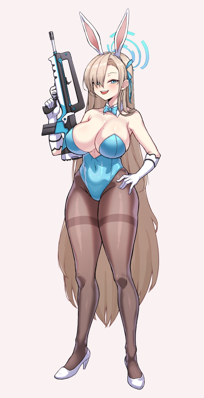 :d \||/ absurdres animal_ears aqua_bow aqua_bowtie aqua_eyes aqua_leotard assault_rifle asuna_(blue_archive) asuna_(bunny)_(blue_archive) bad_id bad_pixiv_id bare_shoulders blue_archive bow bowtie breasts bullpup cleanerjay cleavage collarbone commentary covered_navel detached_collar eyebrows fake_animal_ears famas female forehead full_body gloves gun hair_ornament hair_over_one_eye hair_ribbon halo hand_on_own_hip high_heels highleg highleg_leotard highres holding holding_gun holding_weapon large_breasts legs_apart leotard long_hair looking_back mole mole_on_breast official_alternate_costume open_mouth pantyhose parted_bangs platinum_blonde_hair playboy_bunny rabbit_ears ribbon rifle smile solo standing stomach strapless strapless_leotard teeth thighband_pantyhose thighs traditional_bowtie upper_teeth_only very_long_hair weapon white_background white_footwear white_gloves