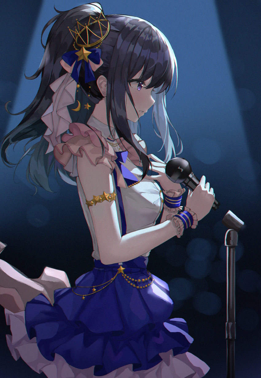 absurdres black_hair blurry blurry_background bow commentary_request concert costume crescent crescent_hair_ornament crown female film_grain hair_ornament hair_ribbon hairbow high_ponytail highres holding holding_microphone idolmaster idolmaster_shiny_colors kazano_hiori layered_skirt long_hair lotpi microphone mini_crown mole mole_under_mouth ponytail purple_eyes ribbon skirt solo stage_lights star_(symbol) star_hair_ornament wrist_cuffs