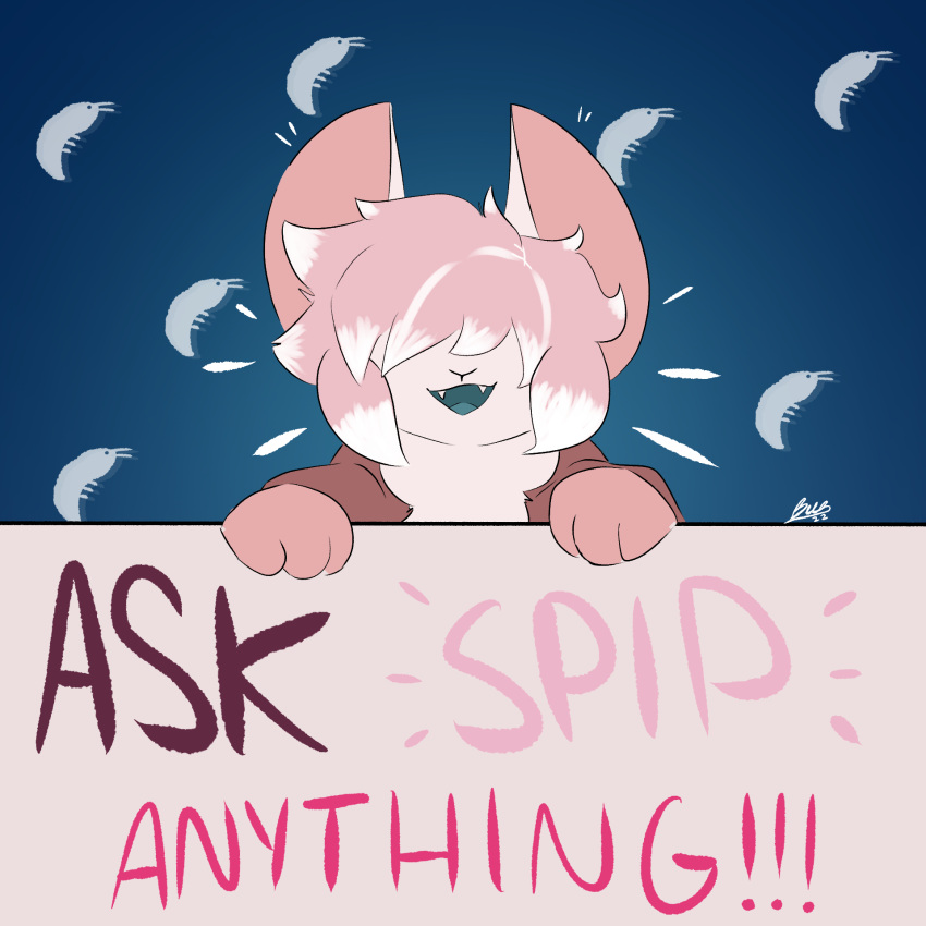 1:1 anthro arthropod ask_blog clothed clothing covered_eyes crustacean domestic_cat felid feline felis femboy fur gneffbutter hair hair_over_eyes hi_res hoodie hybrid male mammal marine neck_tuft open_mouth pink_body pink_fur pink_hair shrimp simple_background smile solo spip_(gneffbutter) topwear tuft