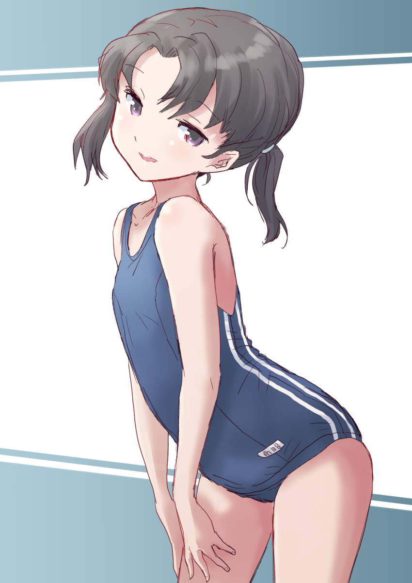 black_hair blue_one-piece_swimsuit commentary_request cowboy_shot female flat_chest fuji_(pixiv24804665) highres kantai_collection leaning_forward looking_at_viewer one-piece_swimsuit purple_eyes school_swimsuit short_hair shounan_(kancolle) solo standing striped swimsuit twintails vertical_stripes