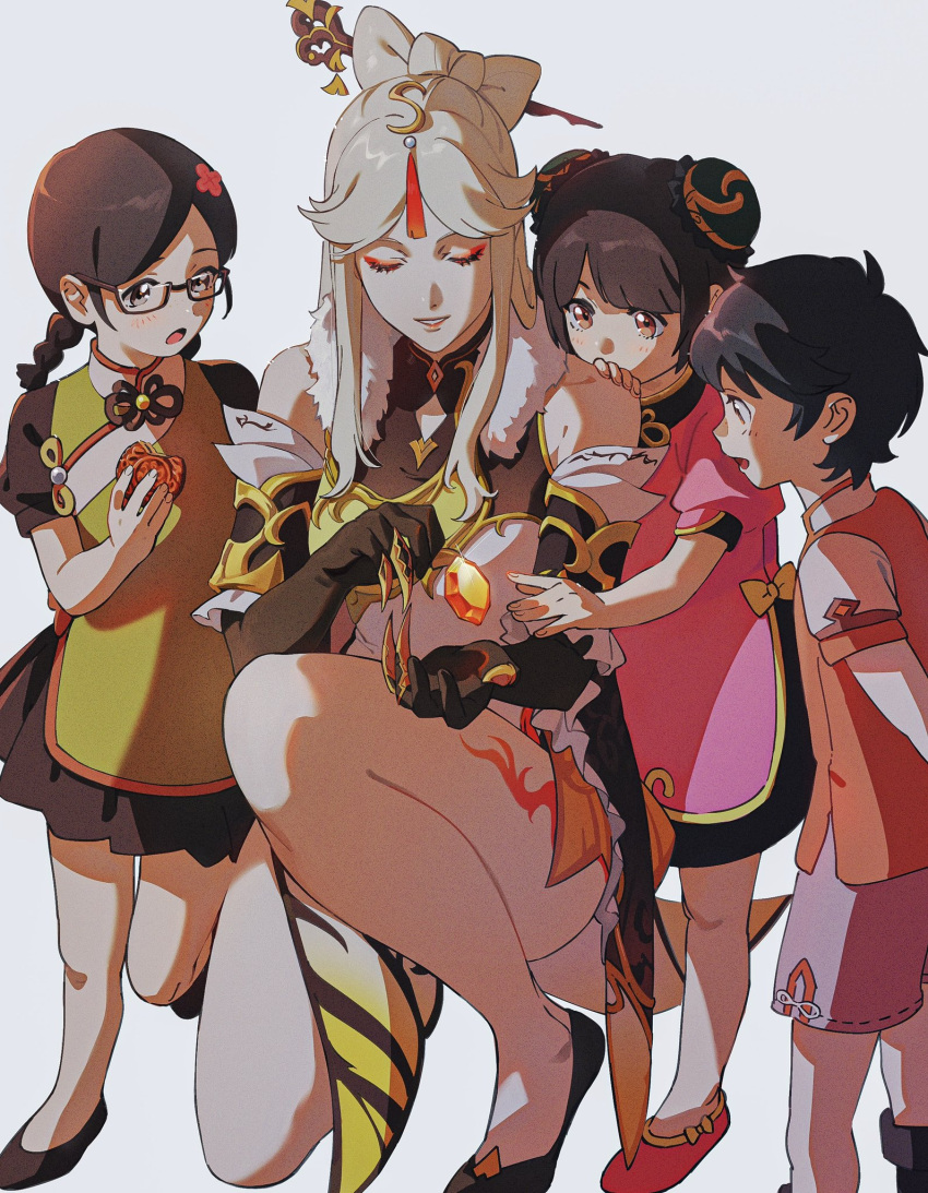 1boy 3girls :o baishi_(genshin_impact) baixiao_(genshin_impact) bare_shoulders black_gloves black_hair blonde_hair blunt_bangs blush braid brown_eyes chinese_clothes claw_ring closed_eyes commentary covered_mouth detached_sleeves dress elbow_gloves eyeshadow flower fur-trimmed_dress fur_trim gem genshin_impact glasses gloves grey_background grey_eyes hair_bun hair_flower hair_ornament hair_stick hand_on_another's_shoulder highres leg_tattoo lolicon long_hair looking_at_object makeup multiple_girls ningguang_(genshin_impact) on_one_knee open_mouth parted_bangs parted_lips reaching red_eyeshadow roru_(lol_dessin) semi-rimless_eyewear shoes short_hair side_slit simple_background single_hair_bun smile tassel tassel_hair_ornament tattoo twin_braids under-rim_eyewear