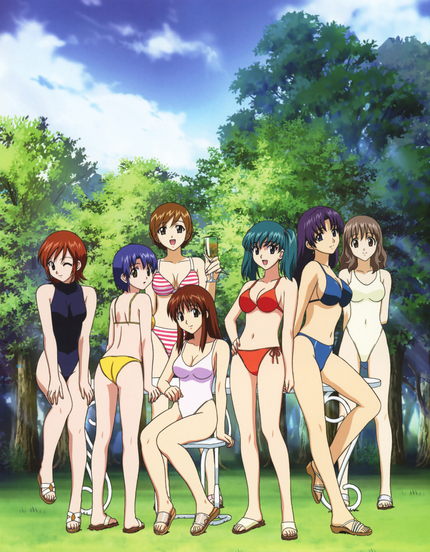 6+girls absurdres aqua_hair ass back bikini blue_hair breasts brown_eyes brown_hair cleavage collarbone covered_navel cup doi_shizuha glass hand_on_own_hip highres holding holding_cup honjou_mikaze kikuhara_karin kisaragi_sayaka large_breasts long_hair looking_back medium_breasts mikuriya_ran mukai_touko multiple_girls nakamura_ayamo navel official_art one-piece_swimsuit one_eye_closed open_mouth outdoors purple_eyes purple_hair sandals short_hair shoulder_blades side-tie_bikini_bottom sitting smile standing stratos_4 striped_bikini striped_clothes swimsuit tree twintails yamauchi_noriyasu