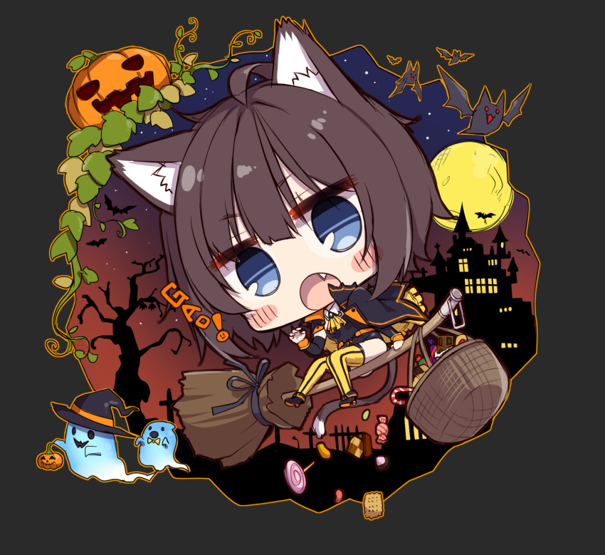 animal_ear_fluff animal_ears bat_(animal) black_hair blue_eyes blush_stickers broom broom_riding candy cat_ears cat_tail chibi claw_pose detached_sleeves female food full_moon gao ghost halloween hat hatachi highres jack-o'-lantern looking_at_viewer moon night oerba_yun_fang open_mouth original short_hair silhouette solo striped_clothes striped_thighhighs tail thighhighs vertical-striped_clothes vertical-striped_thighhighs witch_hat