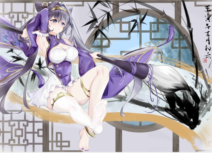 ahigashi_(3098644761) anklet armpits azur_lane barefoot breasts cleavage clothing_cutout cone_hair_bun dress female framed_breasts full_body giant_brush gold_hairband hair_bun hair_horns hairband holding holding_brush jewelry large_breasts long_hair looking_at_viewer multicolored_hair nail_polish print_sleeves purple_dress purple_eyes purple_nails single_thighhigh sitting solo split-color_hair thighhighs tiara toenail_polish toenails two-tone_hair white_dress white_hair white_thighhighs ying_swei_(azur_lane)