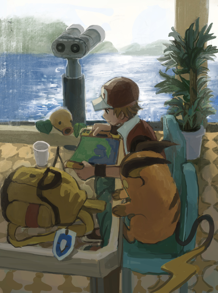 1boy bad_id bad_tumblr_id baseball_cap bellsprout binoculars black_eyes brown_hair chair cup hat highres holding holding_map male_focus map minahamu mountain ocean plant pokemon pokemon_(creature) pokemon_frlg raichu red_(pokemon) sitting table tower_viewer vs_seeker