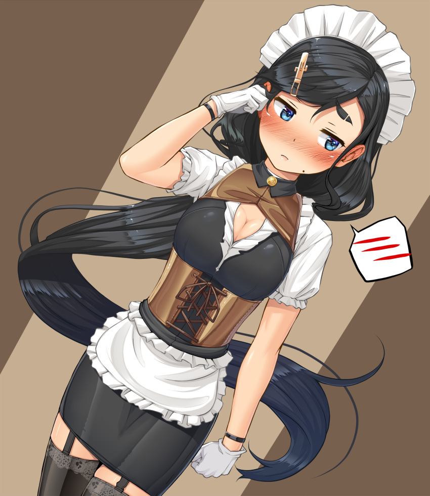 adjusting_hair alternate_costume black_dress black_hair black_thighhighs blue_eyes blush breasts brown_background cleavage cleavage_cutout closed_mouth clothing_cutout commentary_request corset cowboy_shot dress dutch_angle ear_blush embarrassed enmaided eyebrow_cut female frilled_shirt_collar frills garter_straps gloves hair_ornament highres junk_gaming_maiden kitsunerider large_breasts long_hair looking_to_the_side maid maid_headdress mole mole_under_mouth nose_blush onizuka_saori shirt short_dress solo spoken_blush swept_bangs thick_eyebrows thighhighs two-tone_background very_long_hair white_gloves white_shirt zettai_ryouiki