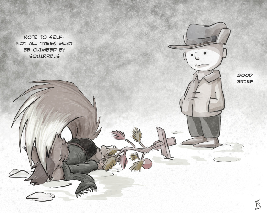 5:4 anthro arcan_(character) charlie_brown christmas christmas_tree dipstick_tail duo english_text eurasian_red_squirrel flinters fluffy fluffy_tail hi_res holidays human lying male mammal markings on_front peanuts_(comic) plant rodent scarf sciurid tail tail_markings text tree tree_squirrel young