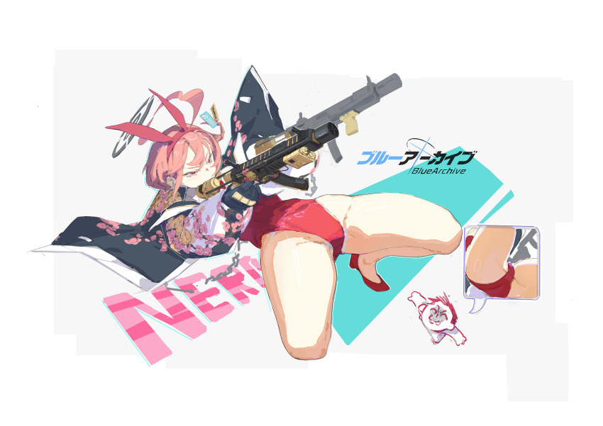 1boy absurdres ahoge animal_ears black_gloves blue_archive chains character_name closed_eyes closed_mouth copyright_name doodle_sensei_(blue_archive) dual_wielding fake_animal_ears female gloves gun halo highres holding holding_weapon huge_ahoge jacket leotard logo multiple_views neru_(blue_archive) neru_(bunny)_(blue_archive) niunaigaoban official_alternate_costume open_clothes open_jacket orange_hair playboy_bunny red_eyes red_footwear red_leotard sensei_(blue_archive) short_hair simple_background sukajan tongue weapon