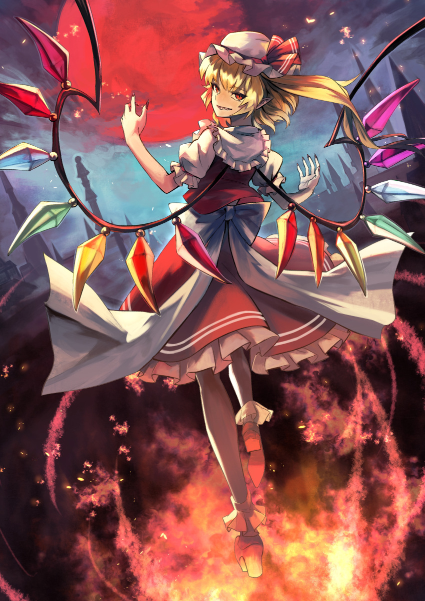 absurdres back_bow blonde_hair bow cloud cloudy_sky commentary_request crystal embers evil_grin evil_smile eyelashes female fingernails flandre_scarlet floating frilled_skirt frills full_body grin hat hat_bow hat_ribbon high_heels highres looking_at_viewer looking_back mob_cap moon night one_side_up open_mouth pointy_ears puffy_short_sleeves puffy_sleeves red_bow red_eyes red_moon red_nails red_ribbon red_skirt red_vest ribbon sash sharp_fingernails short_hair short_sleeves skirt sky smile socks solo teo_(telo_ruka) touhou vest white_hat white_sash white_socks wings