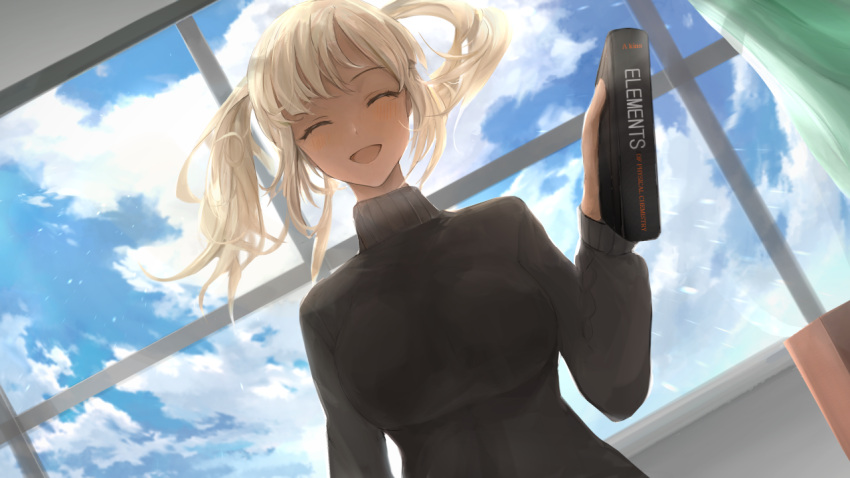 ^_^ alternate_costume black_sweater blue_sky blush book breasts chan1moon closed_eyes cloud cloudy_sky commentary curtains dark-skinned_female dark_skin day dutch_angle english_commentary facing_viewer female floating_hair game_cg holding holding_book hololive hololive_english indoors large_breasts light_brown_hair long_hair long_sleeves medium_hair open_mouth sky smile solo sweater tsukumo_sana turtleneck turtleneck_sweater twintails upper_body virtual_youtuber window