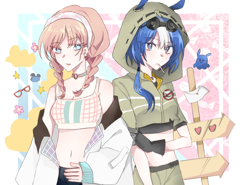 2girls alternate_costume animal_ears arknights bare_shoulders blue_eyes blue_hair blue_poison_(arknights) blue_poison_(shoal_beat)_(arknights) braid candy choker commentary crop_top food food_in_mouth glaucus_(arknights) glaucus_(exterminator_in_the_square)_(arknights) gloves hairband hood hood_up jacket liangxi lollipop midriff multicolored_hair multiple_girls navel official_alternate_costume open_clothes open_jacket pink_hair short_sleeves streaked_hair symbol-only_commentary twin_braids white_jacket