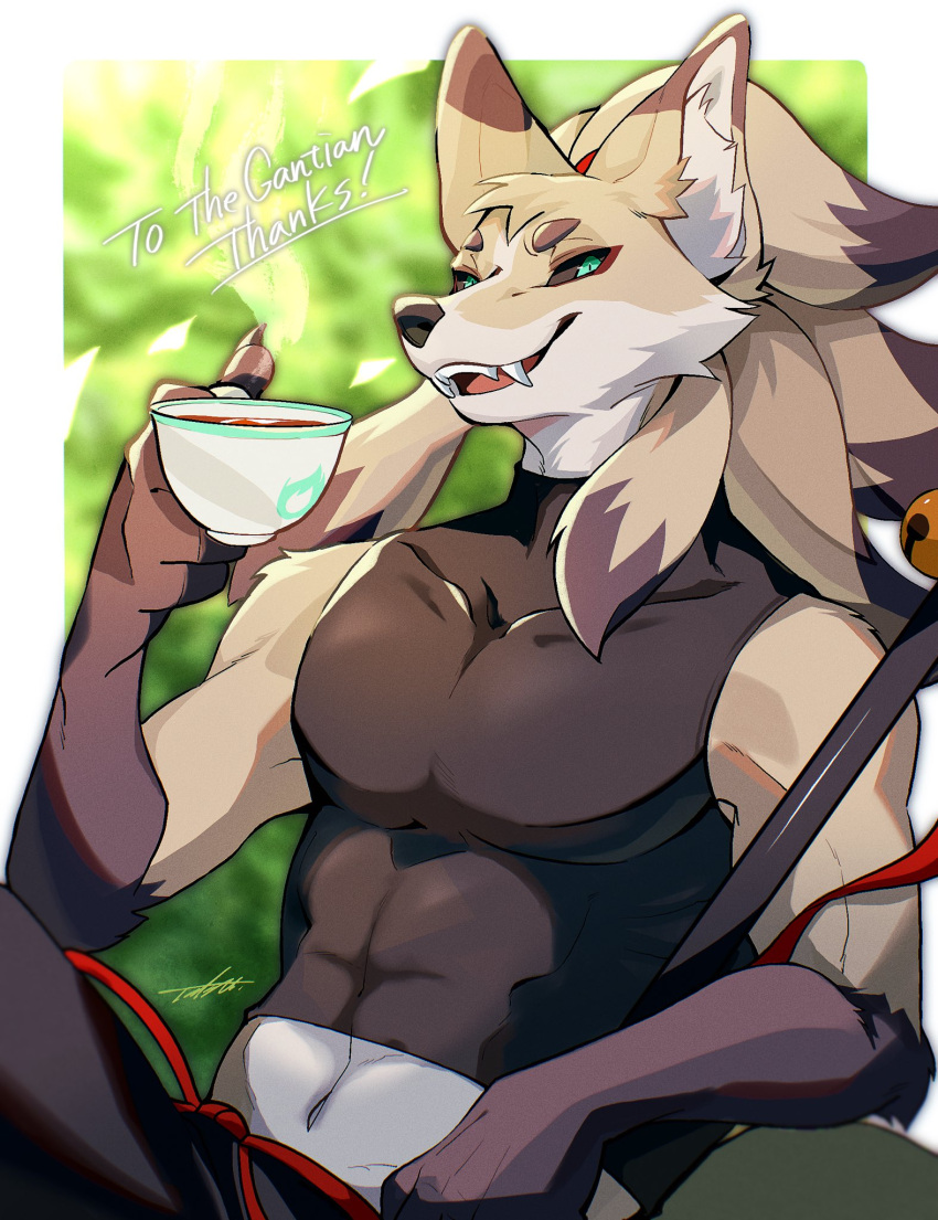 abs anthro asian_mythology axontatsu bandai_namco bell beverage canid canine clothing container crop_top cup cute_fangs dark_sclera digimon digimon_(species) east_asian_mythology fox genji green_eyes grin hi_res japanese_mythology male mammal mythology navel outside pecs shirt signature simple_background smile solo tea tea_cup text topwear yokai