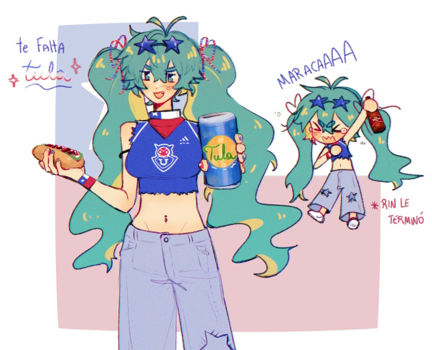 blue-tinted_eyewear can chilean_flag drink drink_request eyewear_on_head female food grey_pants hatsune_miku holding holding_can holding_drink holding_food hot_dog long_hair midriff mikurinkuwu multiple_views navel open_mouth pants smile star-shaped_eyewear star_(symbol) tinted_eyewear translation_request twintails very_long_hair vocaloid