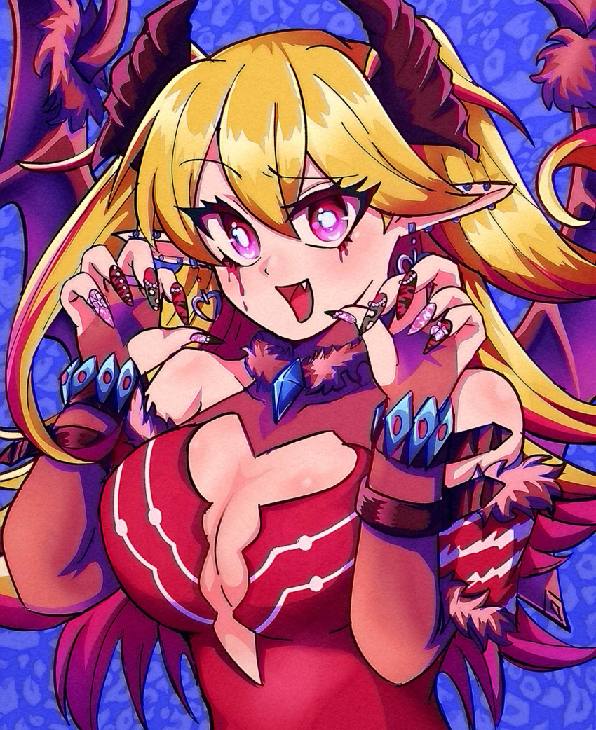 blonde_hair blood blood_from_eyes breasts claw_pose cleavage cleavage_cutout clothing_cutout demon_girl demon_horns dress duel_monster ear_piercing highres horns lacrima_the_scarlet_sorrow large_breasts looking_at_viewer mamama_(mamama_open) piercing pointy_ears red_dress red_eyes smile yu-gi-oh!