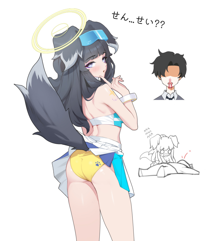 1boy absurdres animal_ears ass bare_shoulders black_hair blood blood_on_face blue_archive blue_eyes blunt_bangs blush breasts cheerleader commentary_request dog_ears dog_girl dog_tail eyewear_on_head female from_behind halo hand_on_own_face hibiki_(blue_archive) hibiki_(cheer_squad)_(blue_archive) highres index_finger_raised long_hair looking_at_viewer looking_back millennium_cheerleader_outfit_(blue_archive) nosebleed official_alternate_costume open_mouth panties paw_print sensei_(blue_archive) sensei_(blue_archive_the_animation) simple_background skirt standing sticker_on_arm sticker_on_face tail tony_maverick translation_request underwear white_background white_skirt yellow_halo yellow_panties