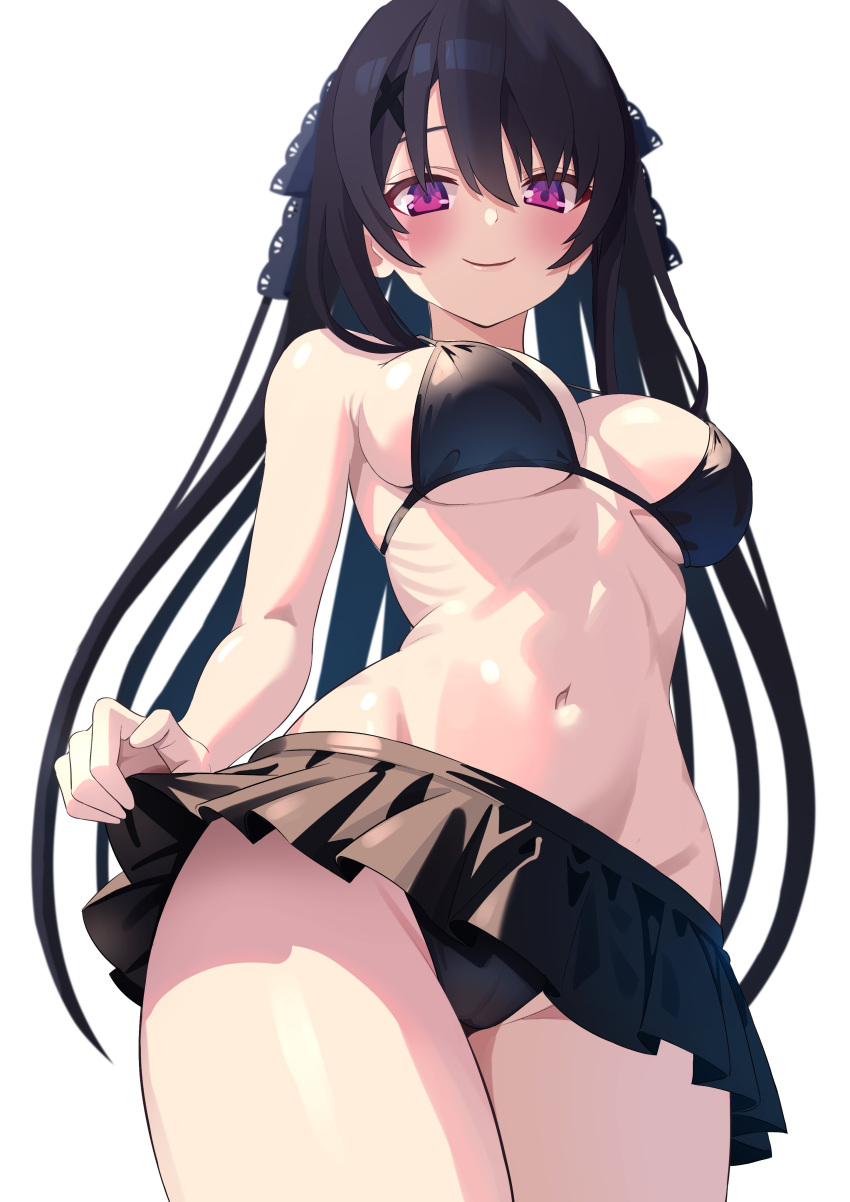 absurdres ao_no_kanata_no_four_rhythm arm_at_side bare_arms bikini black_bikini black_hair black_ribbon blush breasts cameltoe closed_mouth commentary cowboy_shot curvy eyebrows_hidden_by_hair female foreshortening frilled_bikini frills from_below groin hair_between_eyes hair_ornament hair_ribbon hashtag-only_commentary highres lace-trimmed_ribbon lace_trim large_breasts lips long_hair looking_at_viewer looking_down navel pororo_(r_pororo) purple_eyes ribbon ribs sidelighting sidelocks simple_background skirt_hold smile solo stomach straight_hair swimsuit tobisawa_misaki tsurime underboob very_long_hair white_background x_hair_ornament