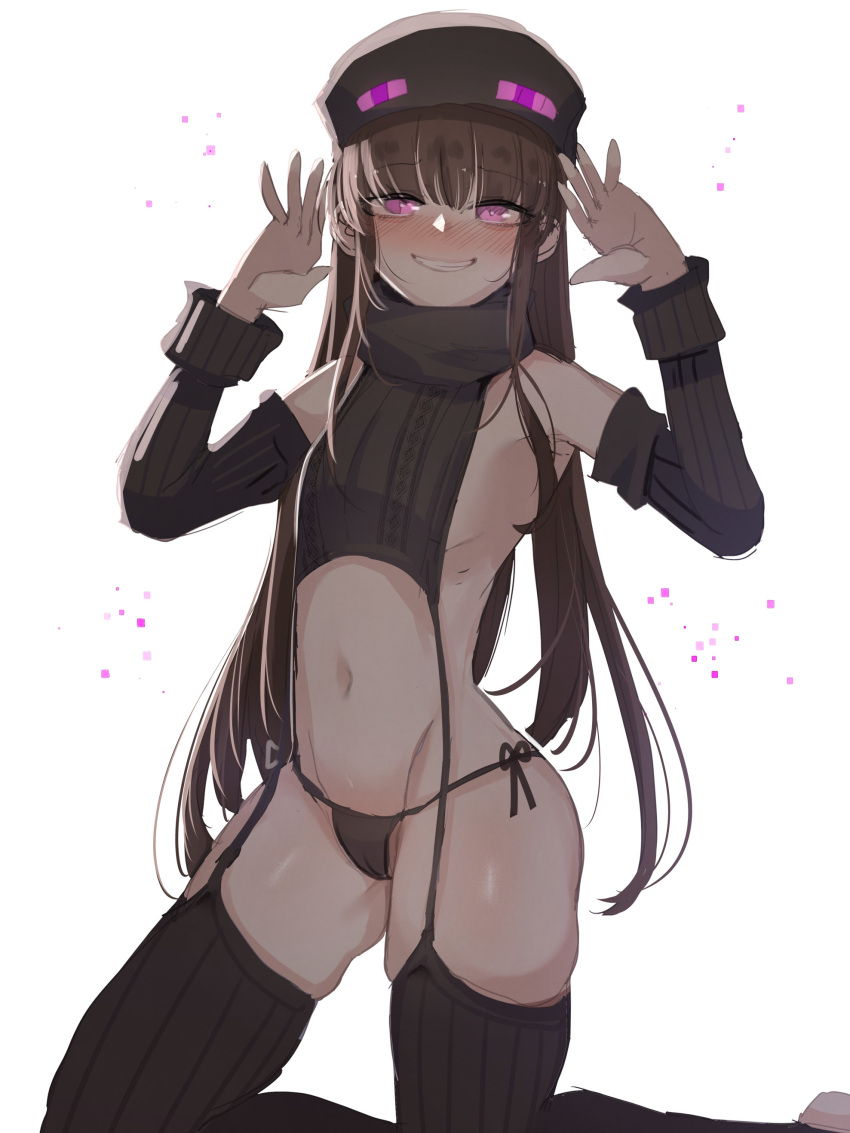 absurdres ander_(at2.) at2. black_thighhighs blush brown_hair detached_sleeves enderman female hat highres humanization kneeling long_hair long_sleeves looking_at_viewer meme_attire minecraft navel nose_blush purple_eyes simple_background smile solo thighhighs virgin_destroyer_sweater white_background