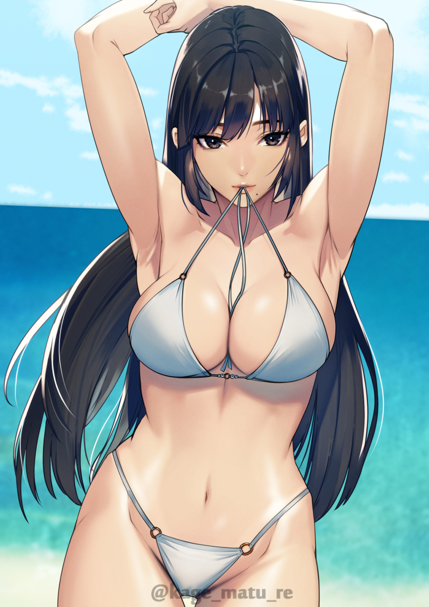 absurdres armpits arms_behind_head arms_up artist_name beach bikini black_eyes black_hair blue_sky blush breasts cleavage day female highres kagematsuri large_breasts long_hair looking_at_viewer mature_female mole mole_under_mouth mouth_hold navel original outdoors sky solo stomach swimsuit