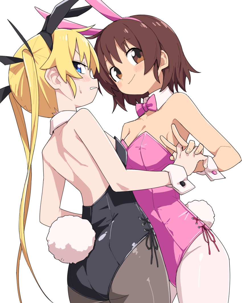 2girls animal_ears ass black_leotard blonde_hair blue_eyes bow bowtie breasts brown_eyes brown_hair detached_collar fake_animal_ears fake_tail highres kill_me_baby leotard long_hair looking_at_viewer multiple_girls oribe_yasuna pantyhose pink_leotard playboy_bunny rabbit_ears rabbit_tail short_hair simple_background small_breasts sonya_(kill_me_baby) strapless strapless_leotard tail twintails white_background wrist_cuffs yachima_tana