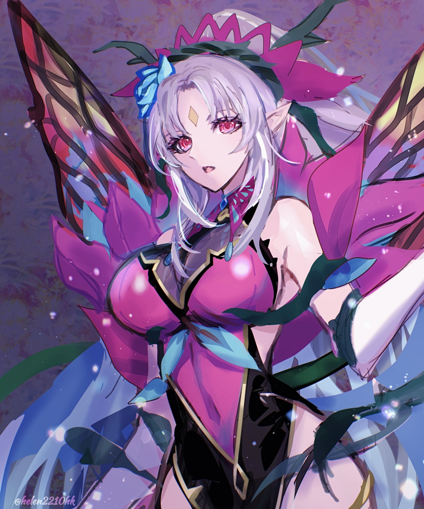 bare_shoulders breasts butterfly_wings cleavage facial_mark fairy_wings female fire_emblem fire_emblem_heroes flower forehead_mark grey_hair hair_flower hair_ornament helen_(helen2210hk) highres insect_wings large_breasts long_hair official_alternate_costume plant_hair plumeria_(fire_emblem) plumeria_(rapturous_dream)_(fire_emblem) pointy_ears ponytail solo thorns wings