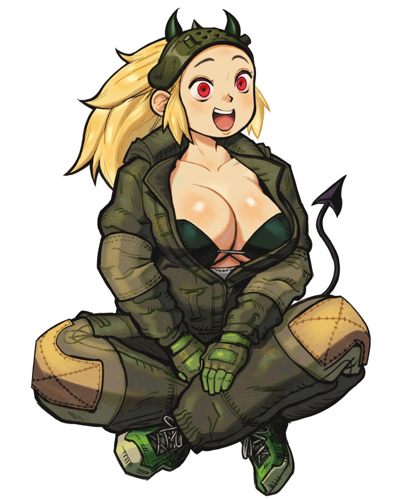 absurdres black_bra blonde_hair bra breasts chest_blush cleavage demon_girl demon_horns demon_tail dorohedoro eduedude female gloves green_footwear green_gloves green_jumpsuit highres horns jumpsuit large_breasts light_blush long_hair looking_at_viewer lotus_position mask mask_on_head nikaidou_(dorohedoro) open_mouth partially_unzipped red_eyes shoes sidelocks smile sneakers solo tail teeth underwear unworn_mask upper_teeth_only