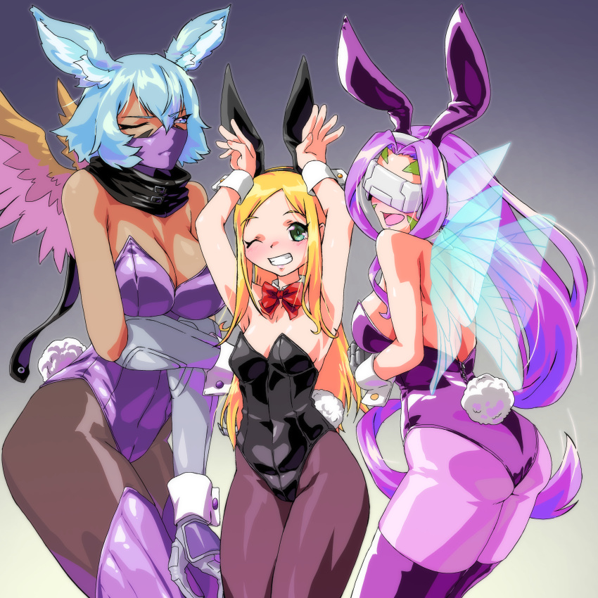 3girls absurdres bird_wings blonde_hair blue_eyes blue_hair breasts cleavage commentary digimon digimon_frontier fairimon gerusyu green_eyes grin highres insect_wings large_breasts light_blue_hair long_hair looking_at_viewer mask medium_breasts medium_hair mouth_mask multiple_girls ninja_mask one_eye_closed orimoto_izumi playboy_bunny purple_hair scarf shutumon small_breasts smile wings