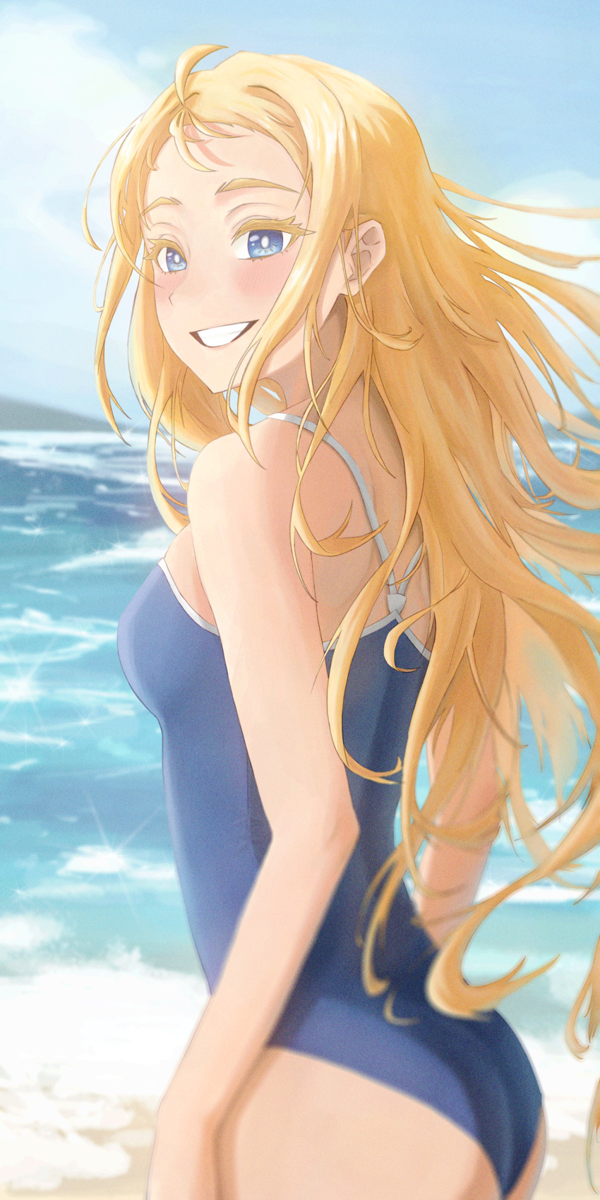 absurdres aloe_(npc_0500192233) ass beach blonde_hair blue_one-piece_swimsuit blue_sky cloud competition_school_swimsuit cowboy_shot day female highres horizon kofune_ushio long_hair looking_at_viewer looking_back ocean one-piece_swimsuit outdoors parted_bangs school_swimsuit sky solo summertime_render swimsuit