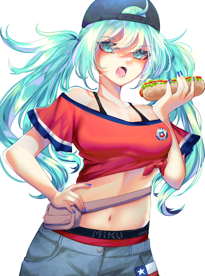 absurdres aqua_eyes aqua_hair backwards_hat black_hat blue_nails chilean_flag female food hat hatsune_miku highres holding holding_food hot_dog kami_bakeneko_(artist) long_hair looking_at_viewer midriff navel off-shoulder_shirt off_shoulder open_mouth red_shirt shirt short_sleeves simple_background solo twintails vocaloid white_background