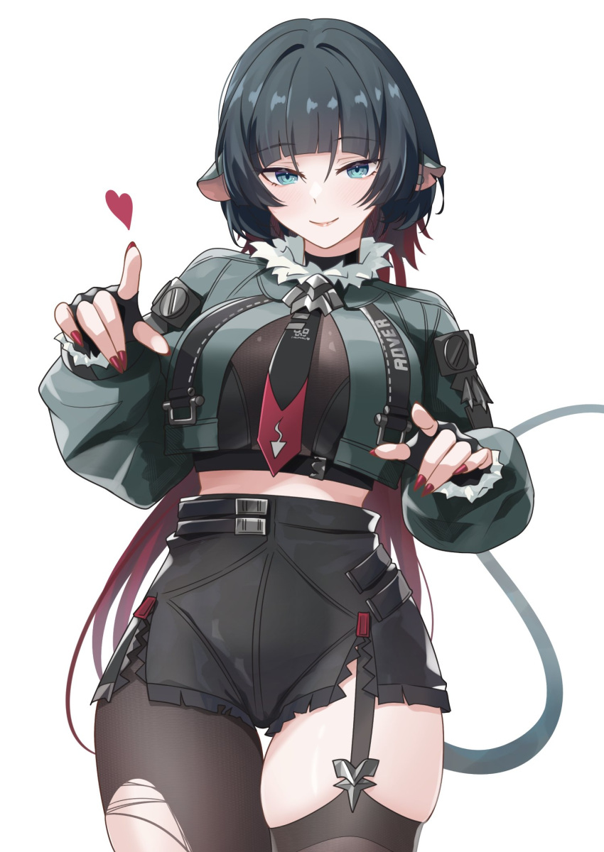 animal_ears black_garter_straps black_gloves black_hair black_necktie black_pantyhose black_shorts black_thighhighs breasts closed_mouth cowboy_shot female fingerless_gloves fur-trimmed_jacket fur_trim garter_straps gloves green_eyes green_jacket heart high-waist_shorts highres jacket jane_doe_(zenless_zone_zero) large_breasts long_hair looking_at_viewer midriff mon-chan mouse_ears mouse_girl multicolored_hair nail_polish necktie pantyhose pantyhose_under_shorts red_hair red_nails red_necktie shorts sidelocks simple_background single_garter_strap single_leg_pantyhose single_thighhigh skindentation smile solo standing tail thighhighs thighs torn_clothes torn_pantyhose two-tone_hair two-tone_necktie very_long_hair white_background zenless_zone_zero