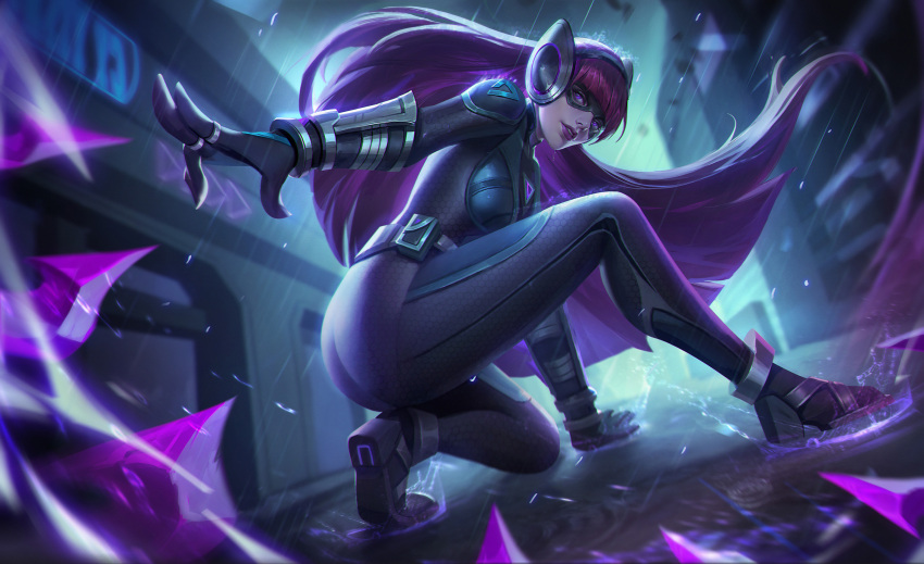 alternate_costume armor black_bodysuit black_gloves bodysuit chengyouliu faulds female gloves highres infiltrator_irelia irelia league_of_legends long_hair looking_at_viewer mask no_mask purple_eyes purple_hair purple_lips rain skin_tight solo weapon