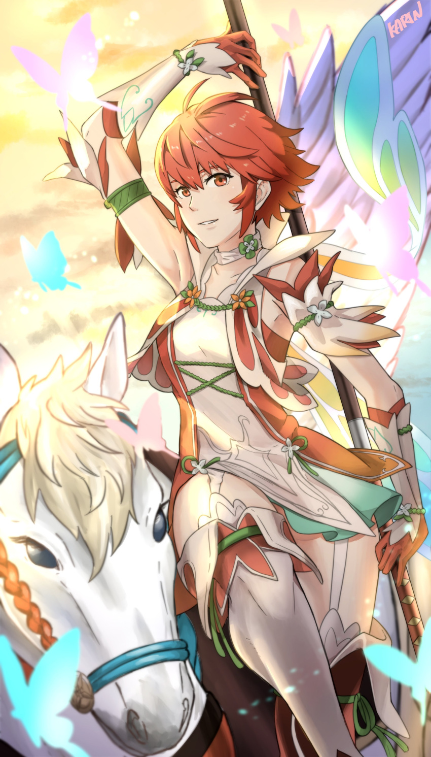 6nutqd2kwd0iqcl absurdres armpits choker fairy_wings fake_wings female fire_emblem fire_emblem_fates fire_emblem_heroes garter_straps gradient_clothes highres hinoka_(fire_emblem) hinoka_(resplendent)_(fire_emblem) holding holding_polearm holding_weapon official_alternate_costume pegasus polearm red_eyes red_hair short_hair smile weapon white_choker wings